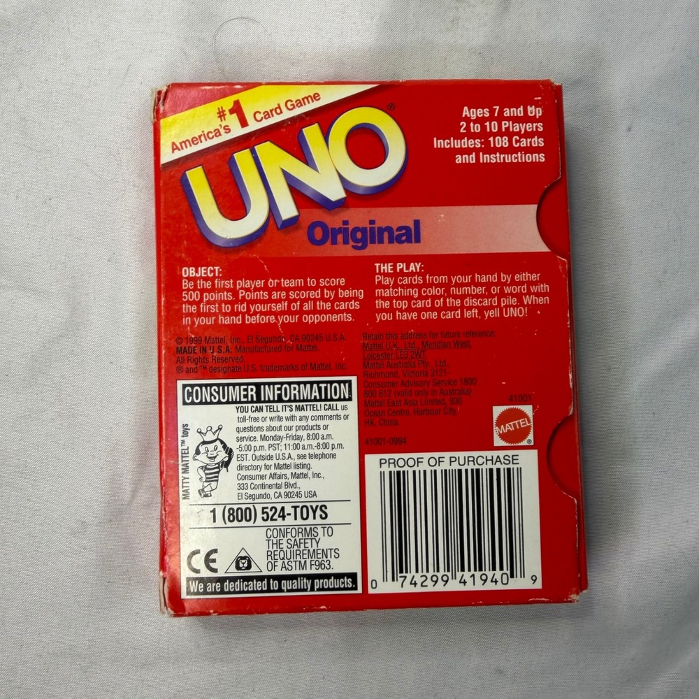 Mattel UNO Original Card Game Vintage 1999 Edition Complete 108 Cards - Picture 2 of 3